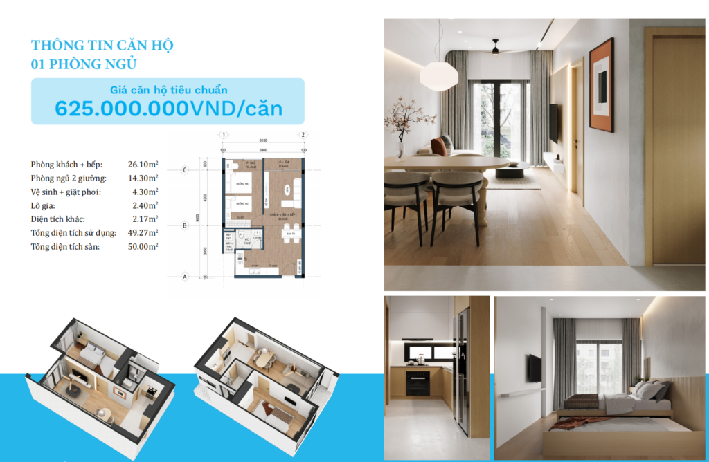 Phối cảnh 3D căn 1 phòng ngủ